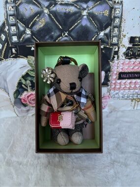 Burberry Brown Check Teddy Bear Key Charm with Pink Red Mini Purse